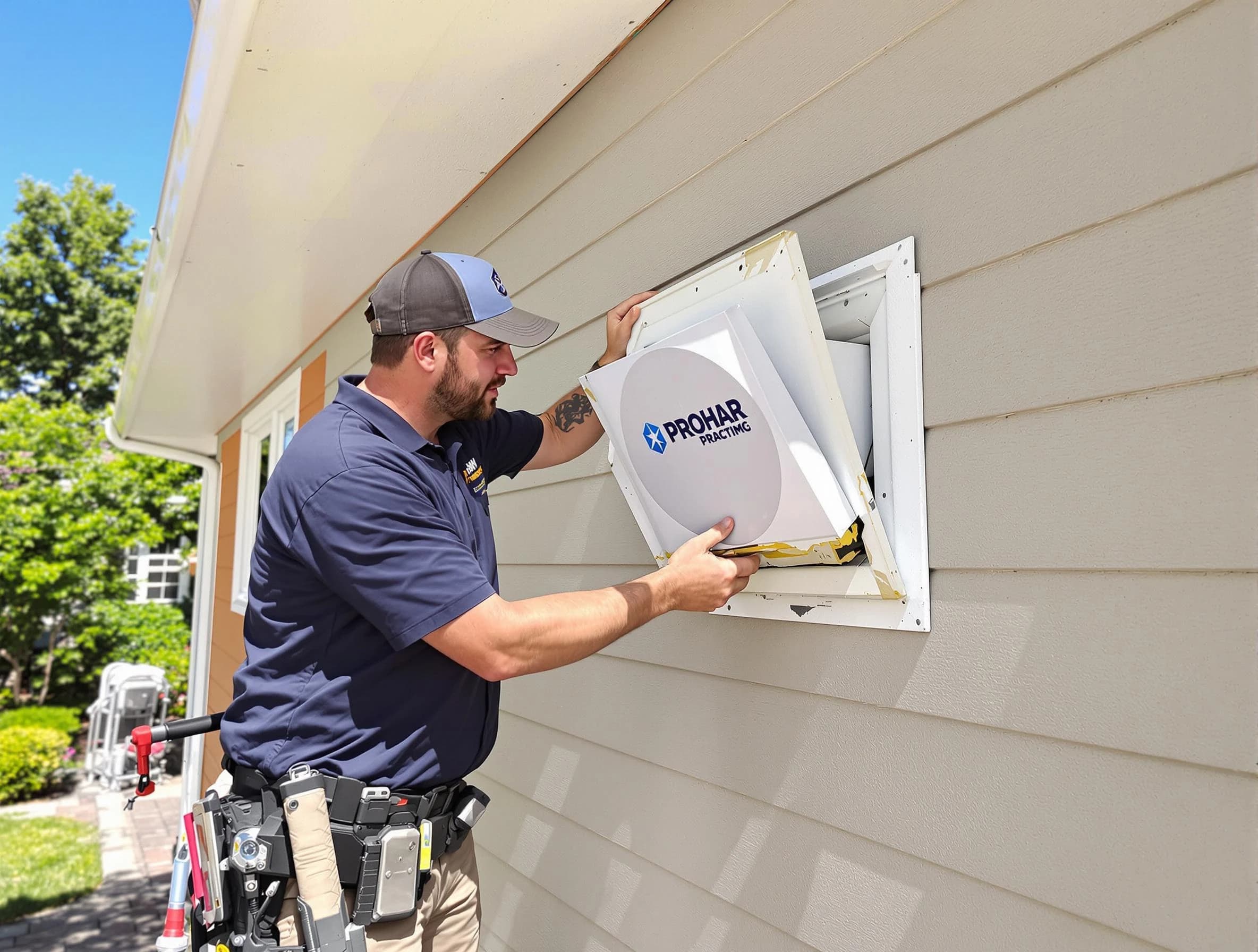Attleboro Dryer Vent Cleaning technician installing a new protective dryer vent cover on a home in Attleboro