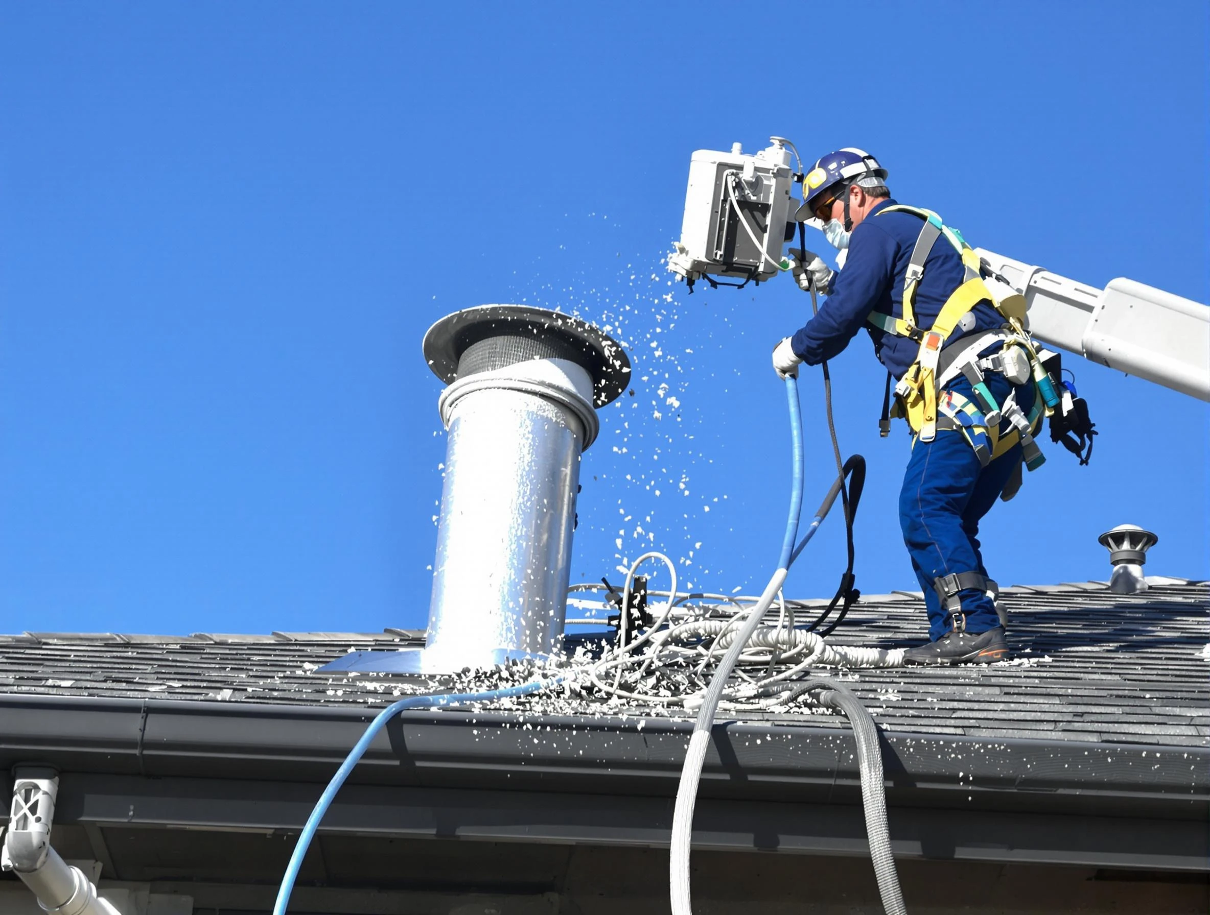 Attleboro Dryer Vent Cleaning certified technician safely cleaning a roof-mounted dryer vent in Attleboro