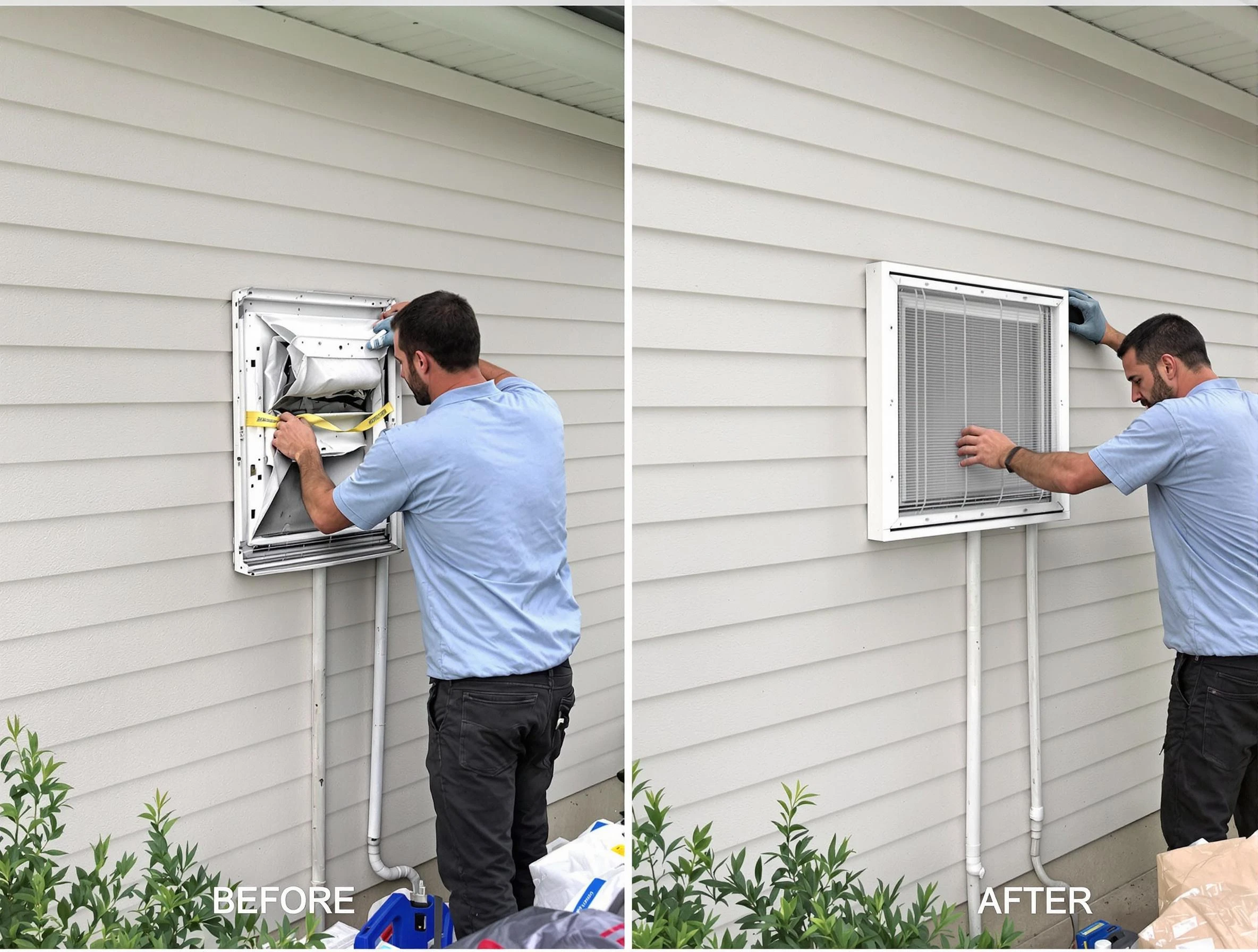 Attleboro Dryer Vent Cleaning technician installing high-quality dryer vent cover at a residential property in Attleboro